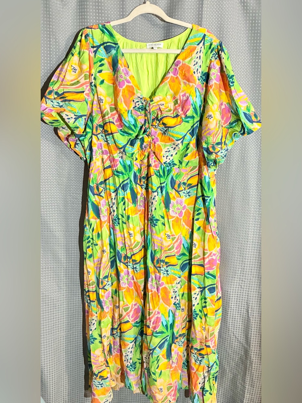 Skies are Blue Curvy Bright Tropical Maxi Dress Sz 3X lined Gather Neck Womans